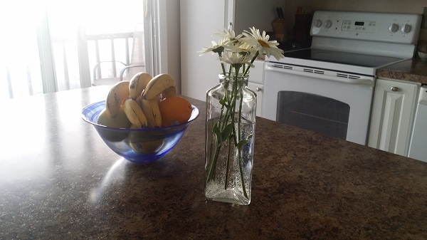 fruit bowl and flowers in vase